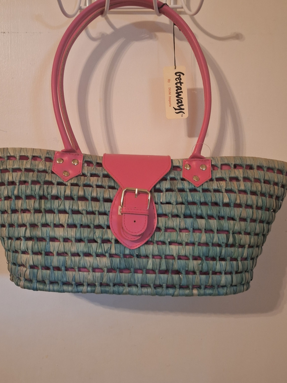Woven Tote with Pink Trim and Buckle